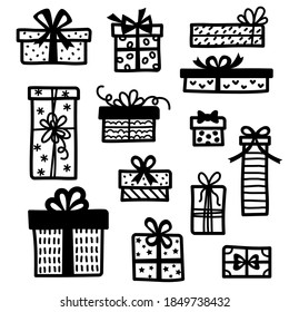 Set aus doodlen Geschenkschachteln, schwarze Silhouetten einzeln auf weißem Hintergrund. Tintenfisch-Sketch-Stil. Papiermuster, Bögen und Bänder zerkleinern.