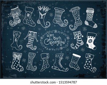 Set of doodle  christmas gift socks on dark blue background.