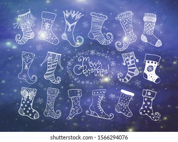 Set of doodle christmas gift socks on dark blue glowing background. 