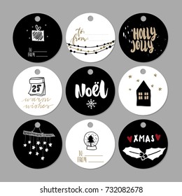 Set of doodle Christmas gift tags. Vector hand drawn cute icons. Scandinavian style printable. Xmas lettering, noel, house, holly jolly, present. New Year scrapbook. Holiday festive party. 