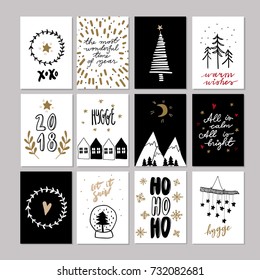 Set of doodle Christmas greeting cards. Vector hand drawn cute icons. Scandinavian style. Xmas tree, houses, garland, snow globe and lettering. New Year scrapbook. Holiday festive party.