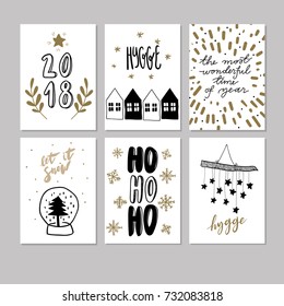 Set of doodle Christmas greeting cards. Vector hand drawn cute icons. Scandinavian style. Xmas tree, houses, garland, snow globe and lettering. New Year scrapbook. Holiday festive party. 