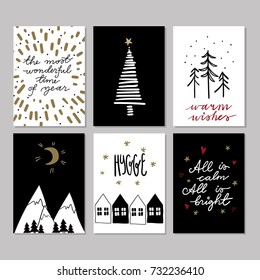 Set of doodle Christmas greeting cards. Vector hand drawn cute icons. Scandinavian style. Xmas tree, houses, garland, mountains and lettering. New Year scrapbook. Holiday festive party. 