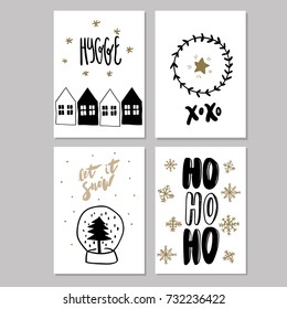 Set of doodle Christmas greeting cards. Vector hand drawn cute icons. Scandinavian style. Xmas tree, houses, garland, snow globe and lettering. New Year scrapbook. Holiday festive party.