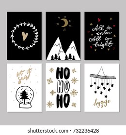Set of doodle Christmas greeting cards. Vector hand drawn cute icons. Scandinavian style. Xmas tree, mountains, garland, snow globe and lettering. New Year scrapbook. Holiday festive party. 
