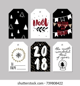 Set of doodle Christmas greeting tags. Vector hand drawn cute icons. Scandinavian style. Xmas tree, noel, garland, snow globe and lettering. New Year scrapbooking. Holiday festive party.