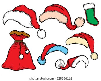 Set doodle Christmas hats bag, socks for your creativity. Vector illustration