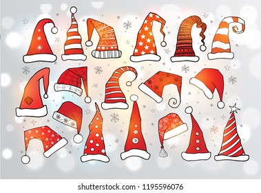 Set of doodle christmas hats on white glowing background. Vector illustration