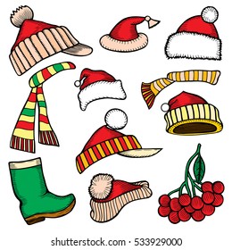 Set doodle Christmas hats scarf, branch berries for your creativity. Vector illustration