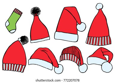 Set doodle Christmas hats and socks for your creativity. Vector illustration