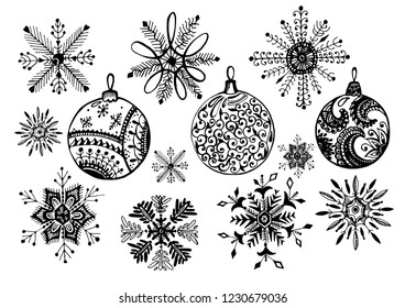 Set of doodle Christmas snowflake and balls