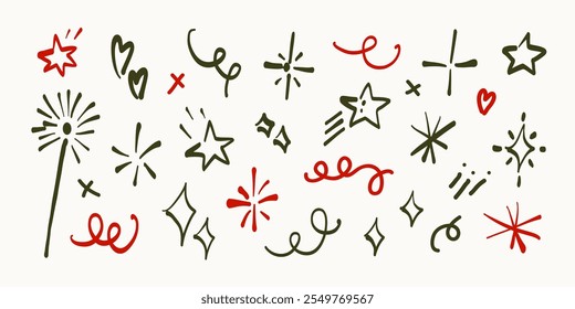 Conjunto de estrela de Natal doodle, faísca. Elemento desenhado à mão luz, brilho, decoração de faísca. Linha mágica arte coquette moderno abstrato brilho símbolo. Ilustração de contorno de vetor