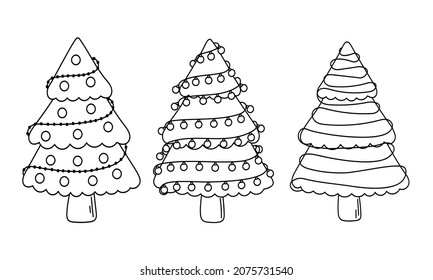 Set of doodle Christmas tree with a pattern for decoration, design of cards, invitations