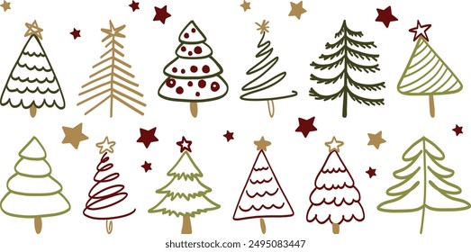 Conjunto de doodle árboles de navidad. Abstractas decoración lineal de navidad. Siluetas simples dibujadas a mano. Adorno navideño minimalista y elegante. Estilo de vacaciones verde rojo. Conjunto de símbolos de Vector de año nuevo.