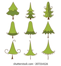 Set of doodle Christmas Trees isolated over white
