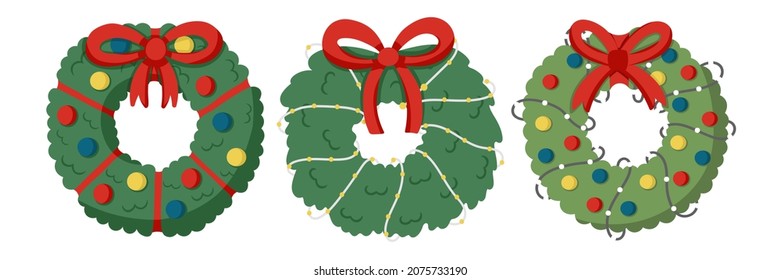 Set of doodle christmas wreath with pattern for decoration, design of cards, invitations