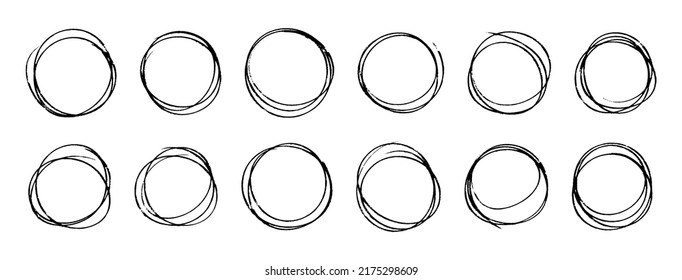 Set of doodle circles. Circles drawn by hand with sweeping lines. Vector illustration of a collection of scribble round shapes on a white background.