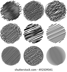 Set of Doodle circles irregular lines drawn with a pen or pencil in a circle, complex geometric shapes created using calligraphy pen with ink, vector Doodle for print or website design