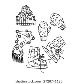 conjunto de roupas de doodle para patinação no gelo. chapéu, cachecol, luvas, aquecedores de patins. Cartazes sobre eventos sazonais, catálogos de roupas, impressões têxteis, gráfico no campo do livro de colorir