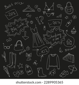 Set of doodle clothes and spring accessories in outline sketch. Spring woman fashion. Spring sale illustrations for white outline on black board. Use for fabrics, Wallpaper, background, packaging.