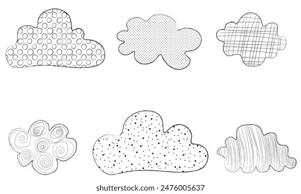 set of doodle clouds with different textures, patterns, hand-drawn	