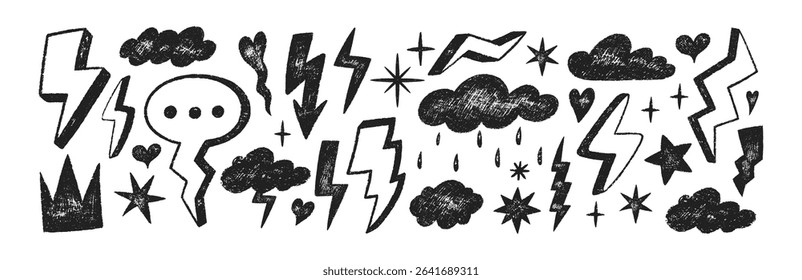 Set of doodle clouds, lightning bolts, stars and weather symbols with crayon, pastel, chalk or pencil texture. Decoration elements in sketch style. Black vector illustration on a white background.
