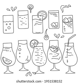 Set of doodle cocktails in different glasses illuminating contour drinks vector illustration