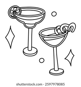 set of doodle cocktails with fireworks. Martini glasses. It is suitable for decorating promotional materials, parties, events, well goods and decorations related festive events and night parties