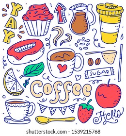 set of doodle coffee object element hand drawn style