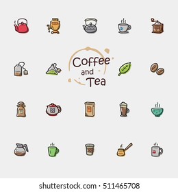 Set of doodle coffee and tea icons.