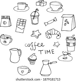 Set of doodle coffee time isolated on white. Hand drawn vector illustration cups, bakery, chocolate, etc