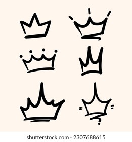 Set, doodle collection, hand drawn gold crowns. Vector crown icon.