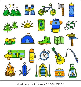 Set of doodle colored camp and outdoor icons isolated on white background.