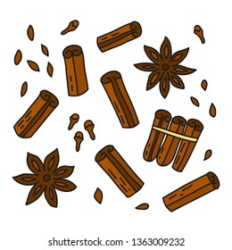 Set of doodle colored cinnamon sticks, seeds and stars isolated on white background.