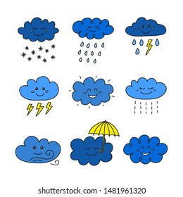 Set of doodle colored cloud happy character icons isolated on white background.
