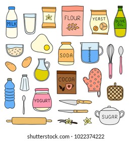 Set of doodle colored cooking, baking ingredients isolated on white background.