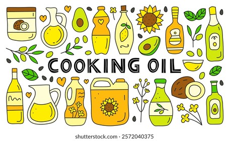 Set of doodle colored cooking oils in glass and plastic packages isolated on white background. Sunflower, rapeseed, coconut, avocado oil bottles. Healthy nutrition concept. Vegetable fats.