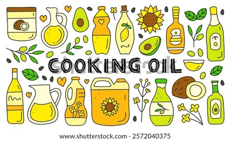 Set of doodle colored cooking oils in glass and plastic packages isolated on white background. Sunflower, rapeseed, coconut, avocado oil bottles. Healthy nutrition concept. Vegetable fats.