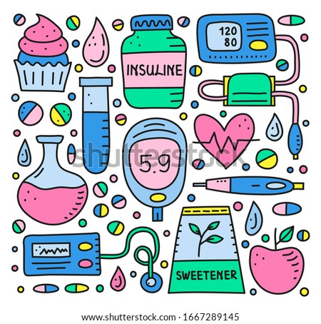 Set of doodle colored diabetes items, including insulin pen, pump, tonometer, blood drop, glucometer, cupcake, flask, sweetener, heart, test tube isolated on white background. Posters, cards, flayers.