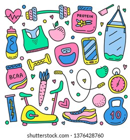 Set of doodle colored gym and fitness icons isolated on white background.