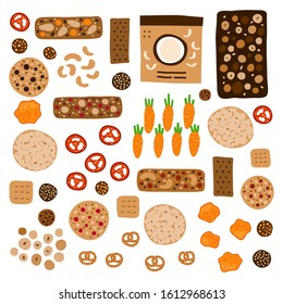 Set of doodle colored healthy snacks including granola bars, whole grain cookies, vegetable chips, crispbread and other foods isolated on white background.