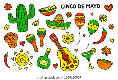 Set of doodle colored icons for Cinco de mayo celebration isolated on white background.