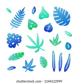 Set of doodle colored jungle leaves isolated on white background.