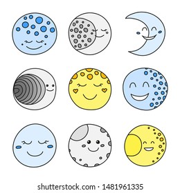 Set of doodle colored moon happy character icons isolated on white background.