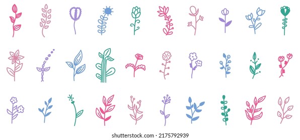 Set of doodle colored pink, purple, blue flowers and branches with leaves decorative elements. Floral, botanical vector illustration design, isolated hand drawn elements.