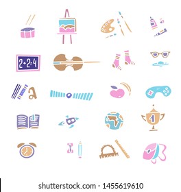 Set of doodle colored school supplies icons , symbols isolated on white background