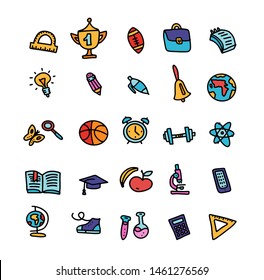 Set of doodle colored school supplies icons with lines, symbols isolated on white background.