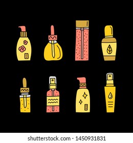 Set Of Doodle Colored Skincare Serum, Ampoule And Essence Bottles Isolated On Black Background.