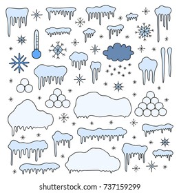 Set of doodle colored snow caps, icicles, snow balls, snowflakes for winter decoration isolated on white background.