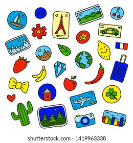 Set of doodle colored souvenir magnets or stickers isolated on white background.